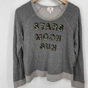 Sundry Pullover Women Size 2 Medium Gray Stars Moon Sun Sequined Crop Sweatshirt